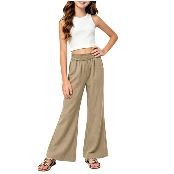 WRKEKC Girls Athletic Sets Solid Round Neck White Sleeveless Tank and Cotton Linen Flare Pants Set for 4-14 Years