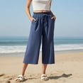 thumbnail image 4 of AKOEE Cotton Linen Capris for Women with Pockets Drawstring Elastic Waist Wide Leg Beach Lounge Capri Pants (XL, Navy), 4 of 8
