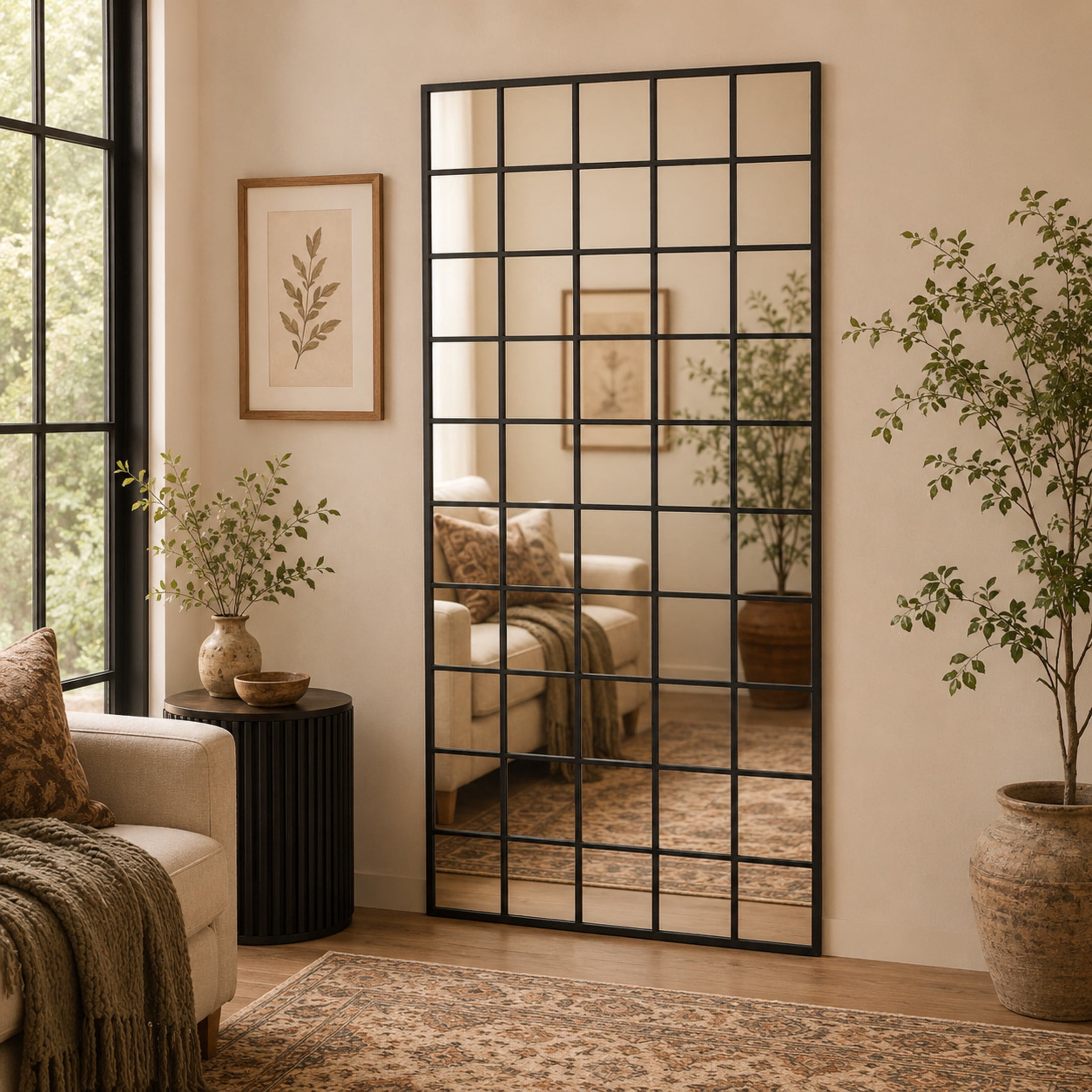 DecMode 40" x 79" Black Metal Window Pane Inspired Floor Mirror