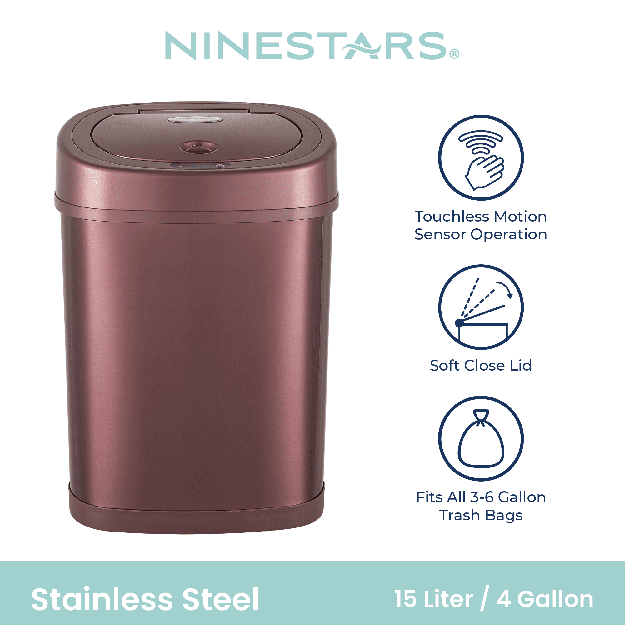 Nine Stars Automatic Bathroom Trash Can, 4 Gallon Stainless Steel, Motion Sensor Hands-Free Soft-Close Lid Garbage Bin, Burgundy