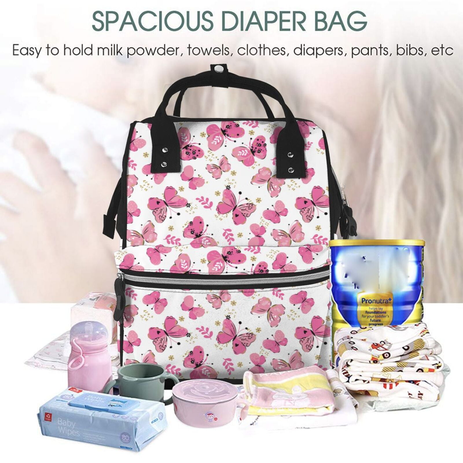 Ratiio Girl Butterfly Mummy Backpack - Waterproof Twill Canvas, Large Capacity Diaper Bag with Multiple Pockets and Adjustable Straps