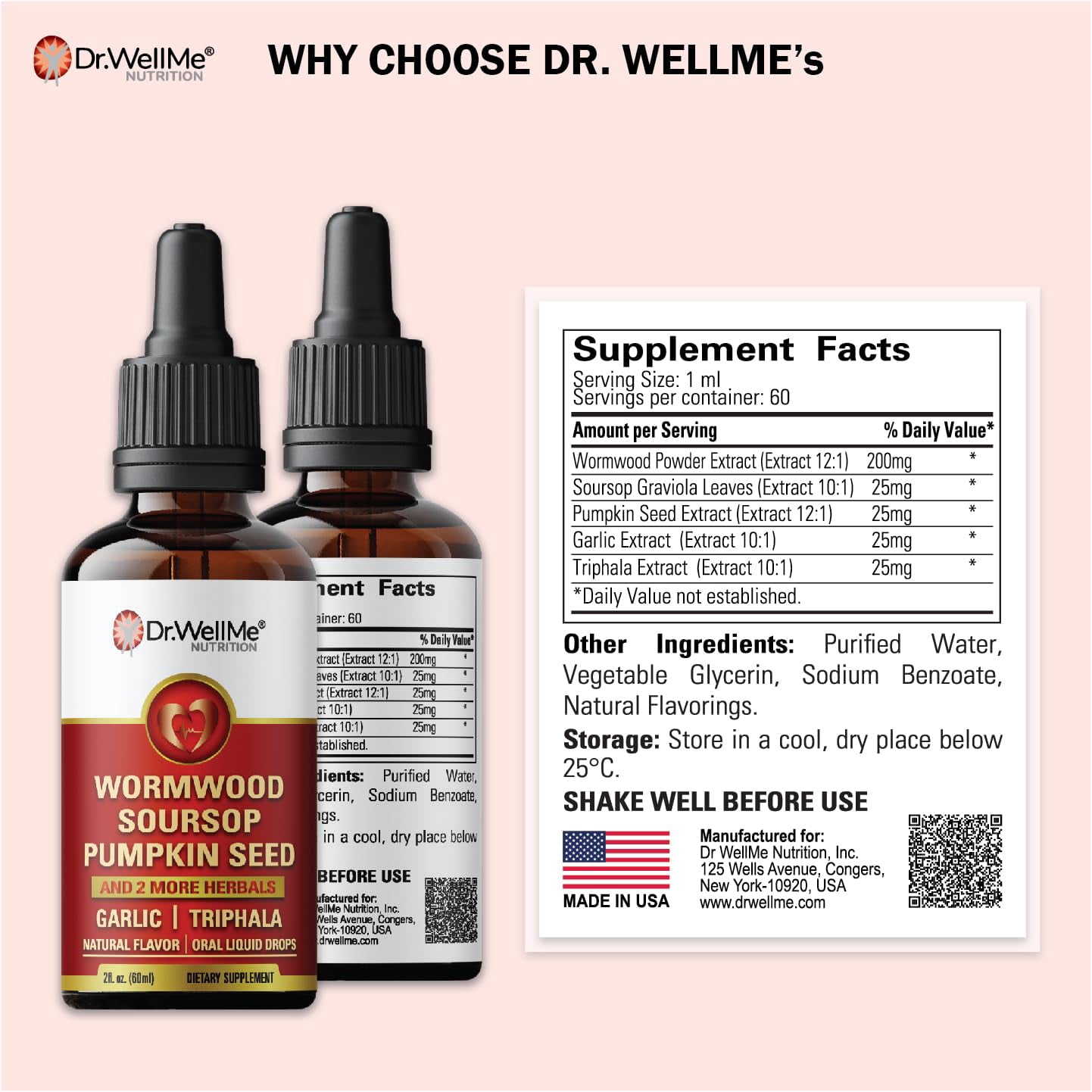 Dr.WellMe Wormwood Soursop Liquid Drops (2 fl oz, 60 ml) | Pumpkin Seeds, Black Walnut | Garlic, Triphala, Turmeric | Immune Boost, Digestive Health & Detox Support