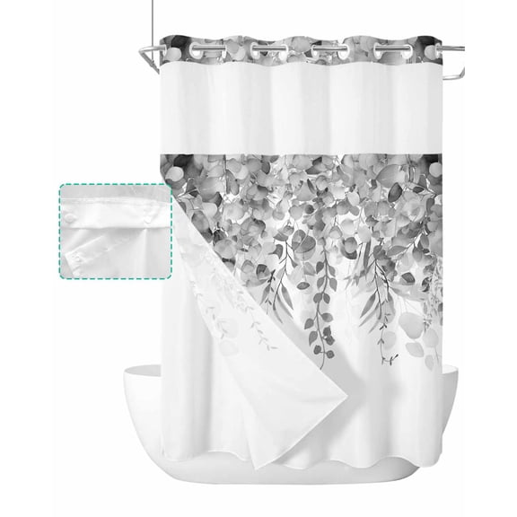 No Hook Shower Curtain with Snap in Liner, Spring Watercolor Plant Eucalyptus Leaves Rustic Retro Hotel Shower Curtains for Bathroom, Washable Shower Curtain Liner Set with Mesh Top Window, 72"x84"