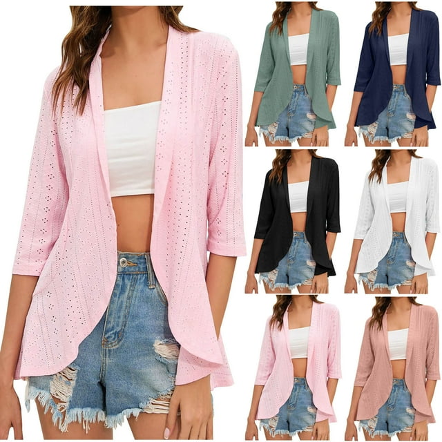 Meichang Women Cardigan 3/4 Sleeves Open Front Eyelet Cardigan Lightweight Draped Ruffles Thin Cardigan
