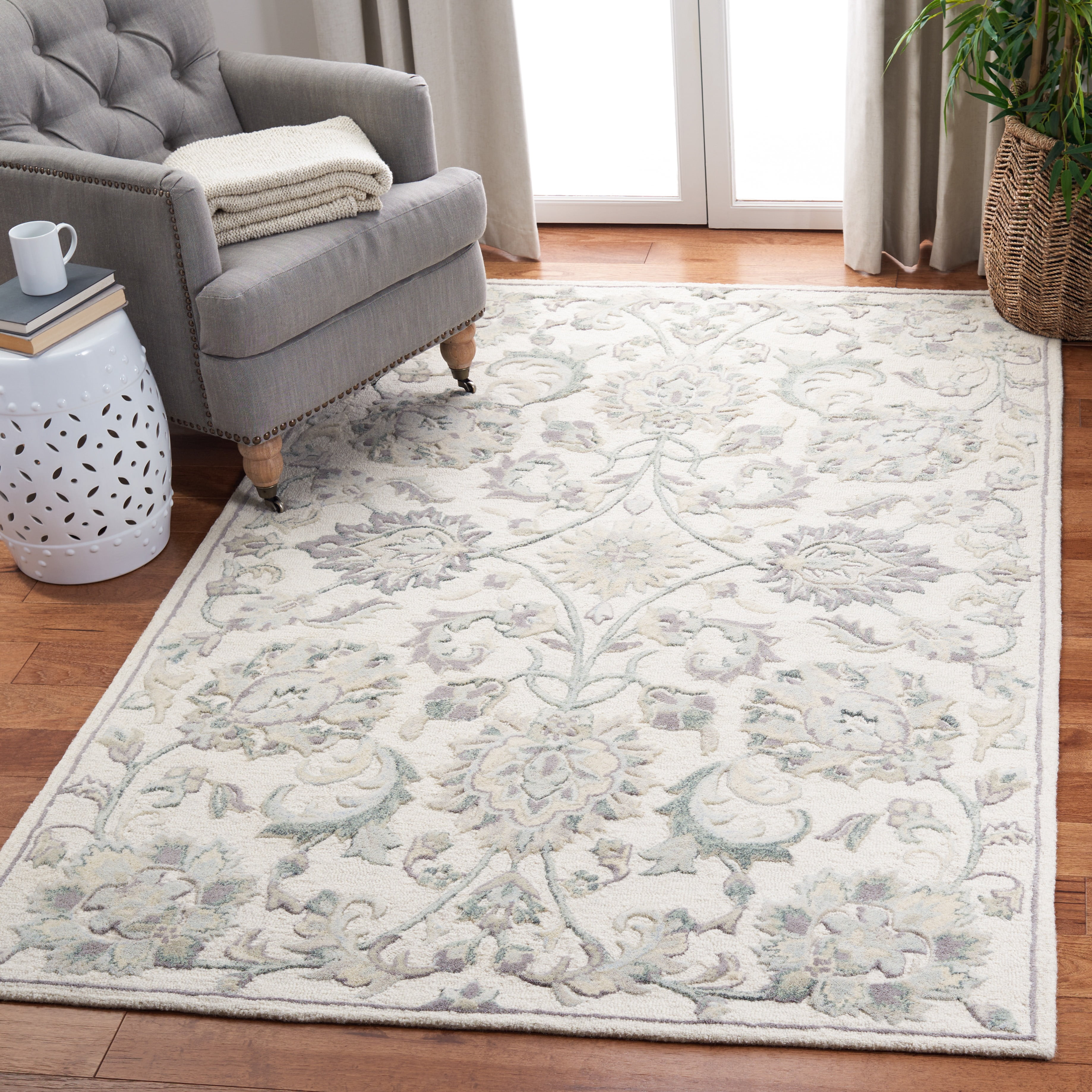 SAFAVIEH Glamour Catrine Bordered Wool Area Rug, Ivory/Grey, 6' x 6' Square
