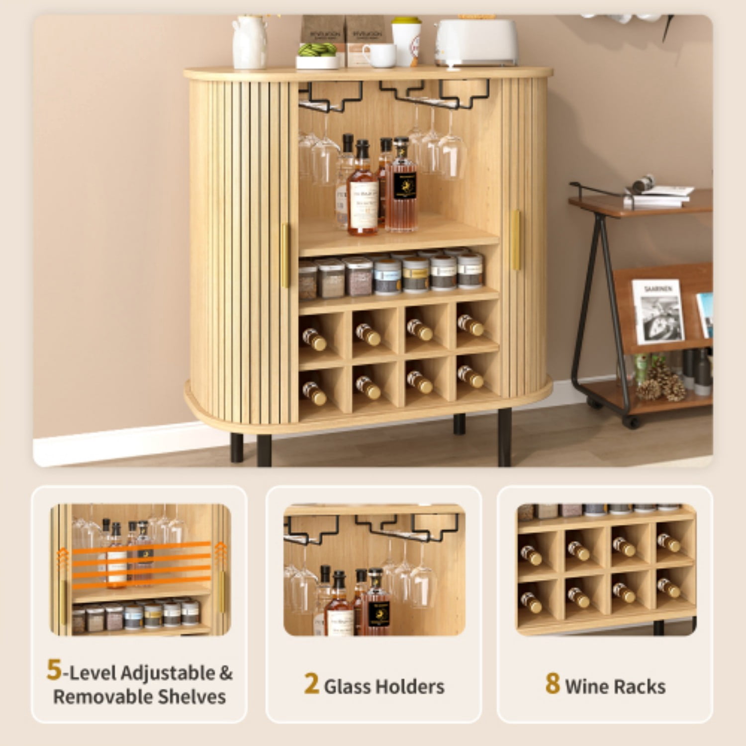 28" Fluted Wine Bar Cabinet, Modern Liquor & Coffee Bar Station with Sliding Tambour Doors, Wine Rack, Glass Holders & Adjustable Shelves, Natural