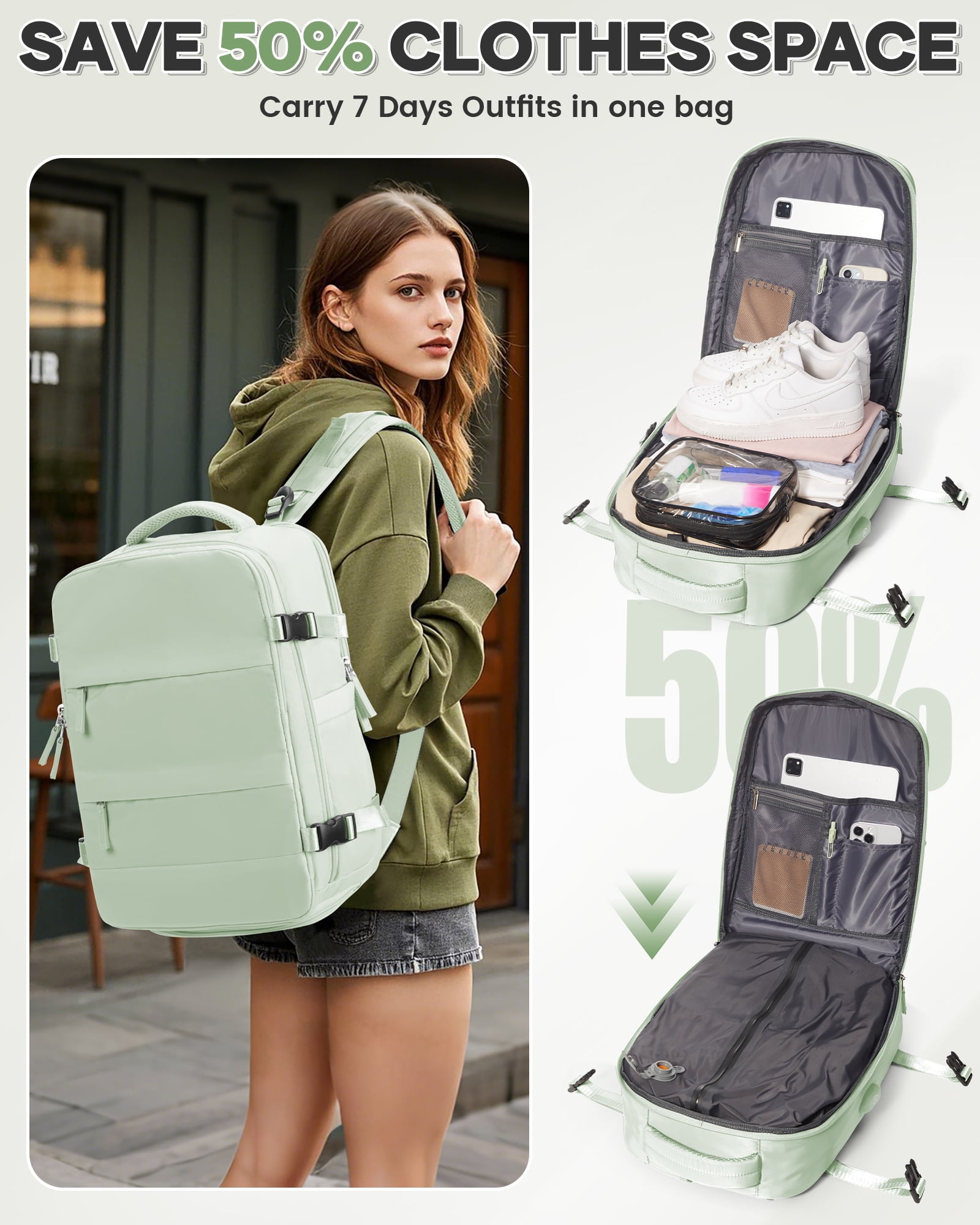 Vacuum Backpack for Travel, Vacuum Seal Carry on Backpack with Vacuum Compression, Travel Backpack with Pump for Women Men Airline Approved, Air Vacpack for Work College Daypack, Mint Green