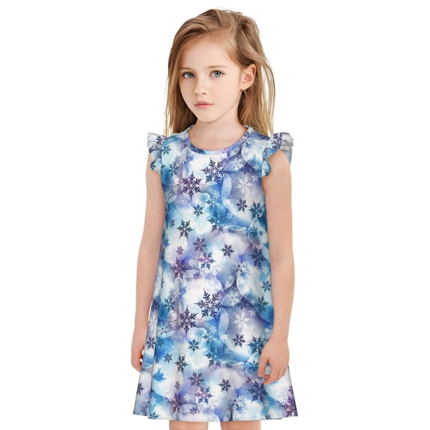 Fotbe Icy Blue Snowflakes Vestido de Dormir para Niñas de 3 a 10 Años, Mangas Cortas, Estilo Princesa, Pijama Camisón con Mangas Voladas-XX-Large