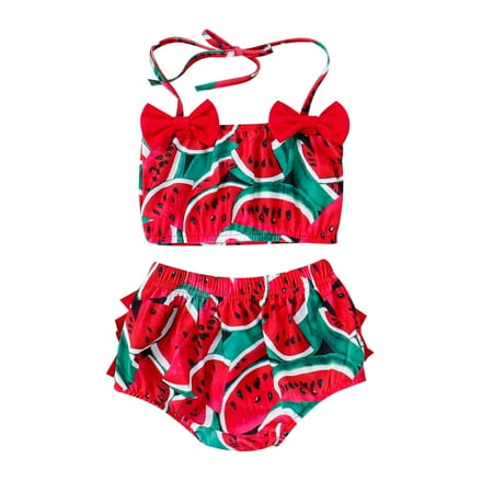 

Toddler Baby Girl Swimsuit Summer Girls Bowknot Watermelon Pineapple Printed Ruffles Two Piece Swimwear Swimsuit Bikini 12-18 Months