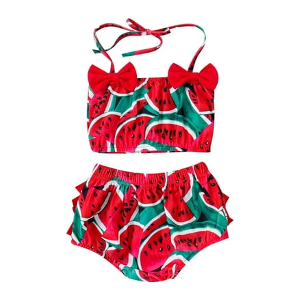 

Summer Toddler Girls Swimsuit Bowknot Watermelon Pineapple Printed Ruffles Two Piece Swimwear Swimsuit Bikini