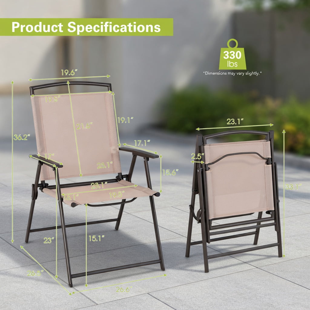 Hommoo 2-Pack Patio Dining Chairs with Armrests, Rust-Resistant Steel Frame, Foldable & Lightweight Outdoor Seating for Deck, Porch, Garden, Beige