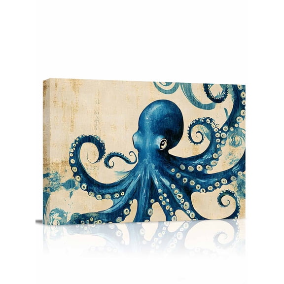 Vintage Blue Octopus Wall Art for Living Room,Canvas Picture Wall Decor for Bathroom Bedroom,Summer Coastal Ocean Wave Painting Artwork for Office Kitchen Hallway Dining Room Home Decorations 12"x16"