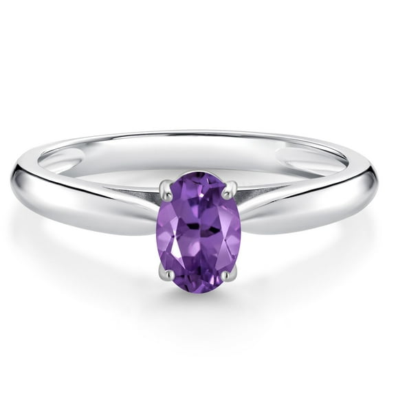 Gem Stone King 0.45 Ct Oval Purple Amethyst 10K White Gold Solitaire Engagement Ring
