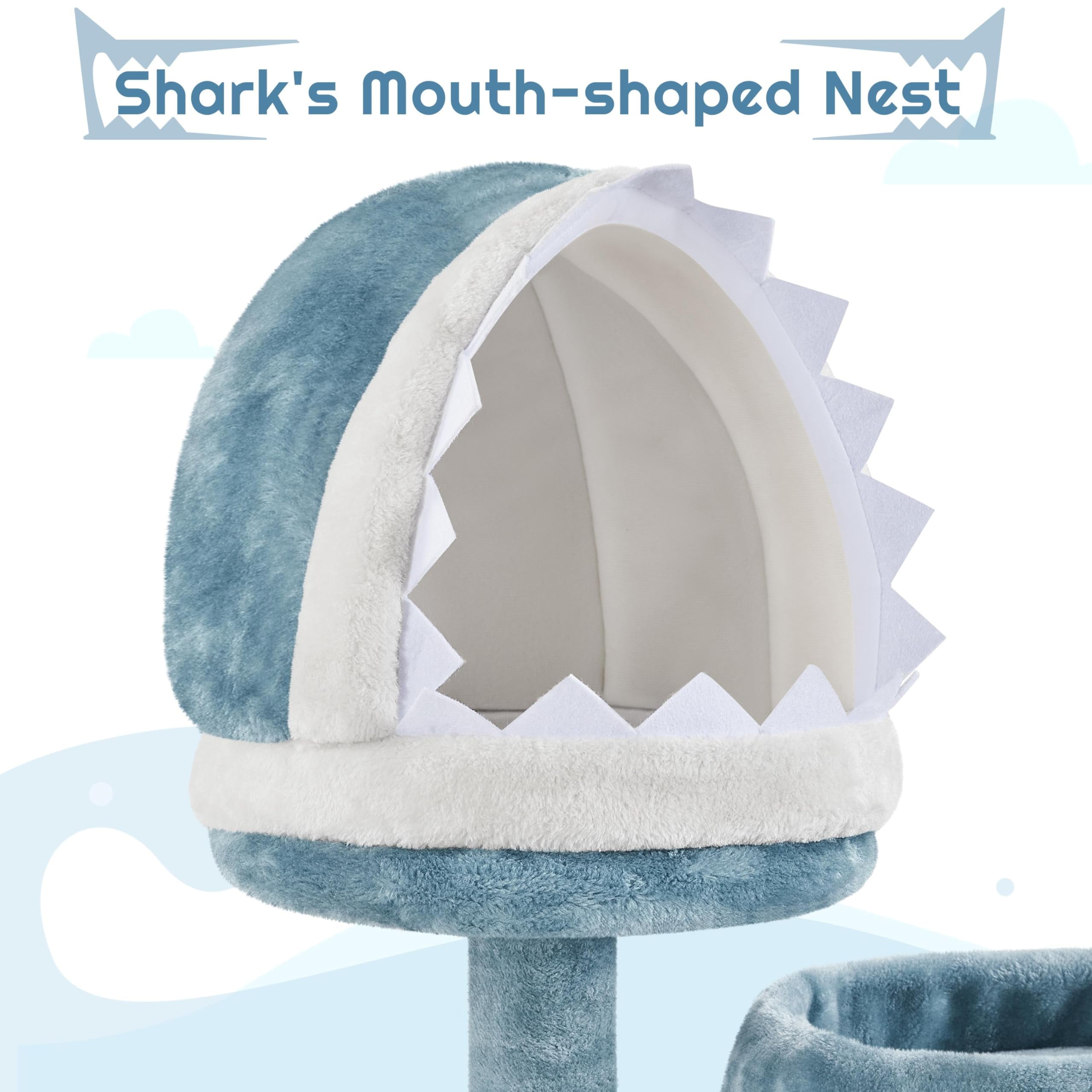 Multi-Level Cat Tree Ocean Theme 61in Tall Climbing Tower with Sisal Scratching Posts Shark Perch Condo Round Entrance Hammock for Indoor Cats, Blue