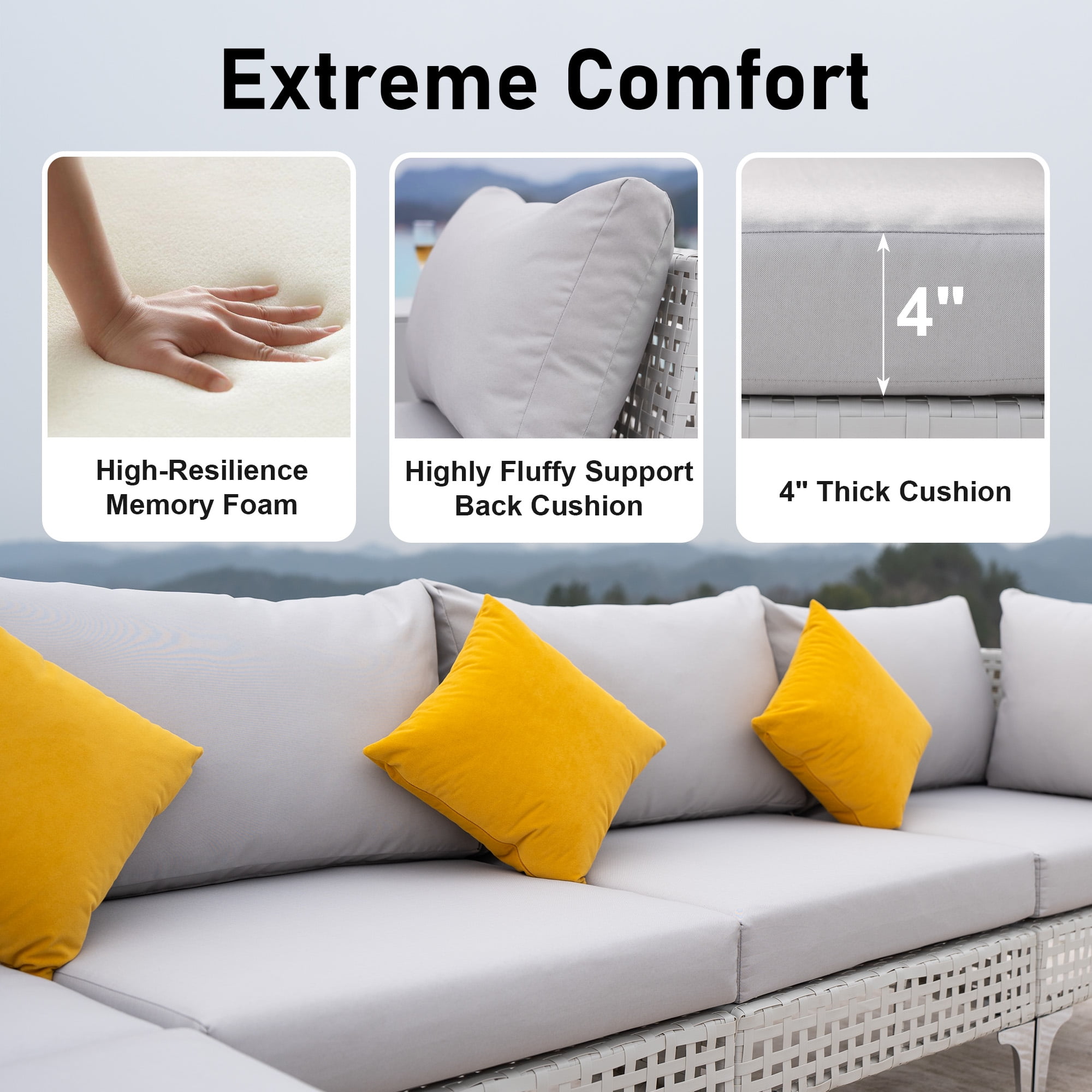 RADIATA 4 Pcs Patio Boho Furniture Sofa Sets with Light Gray Cushions , All-Weather White PE Wicker Outdoor Conversation Sets for Backyard, Deck, Patio Sofa Sectional