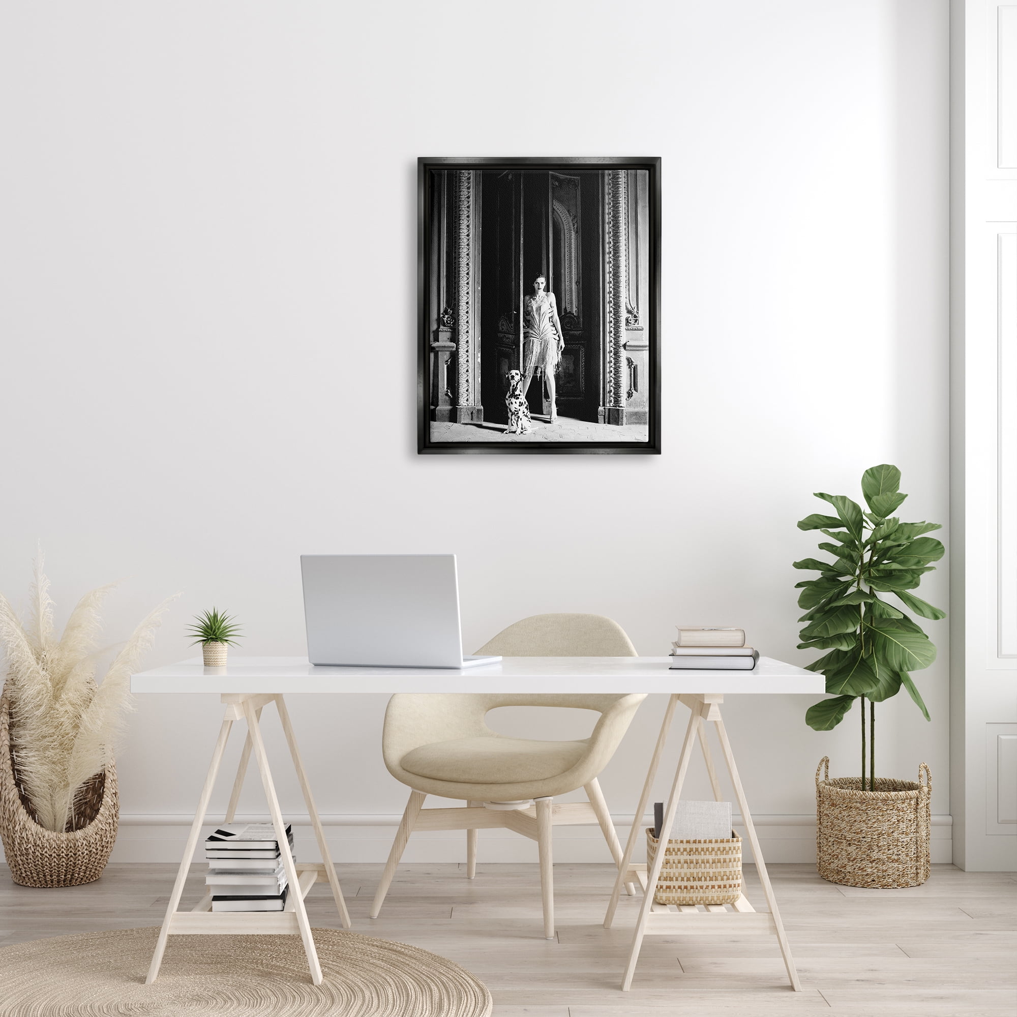 Stupell Industries Upscale Fashion Woman Dalmatian Dog Ornate Building Photograph Jet Black Floating Framed Canvas Print Wall Art, Design by Leah Straatsma