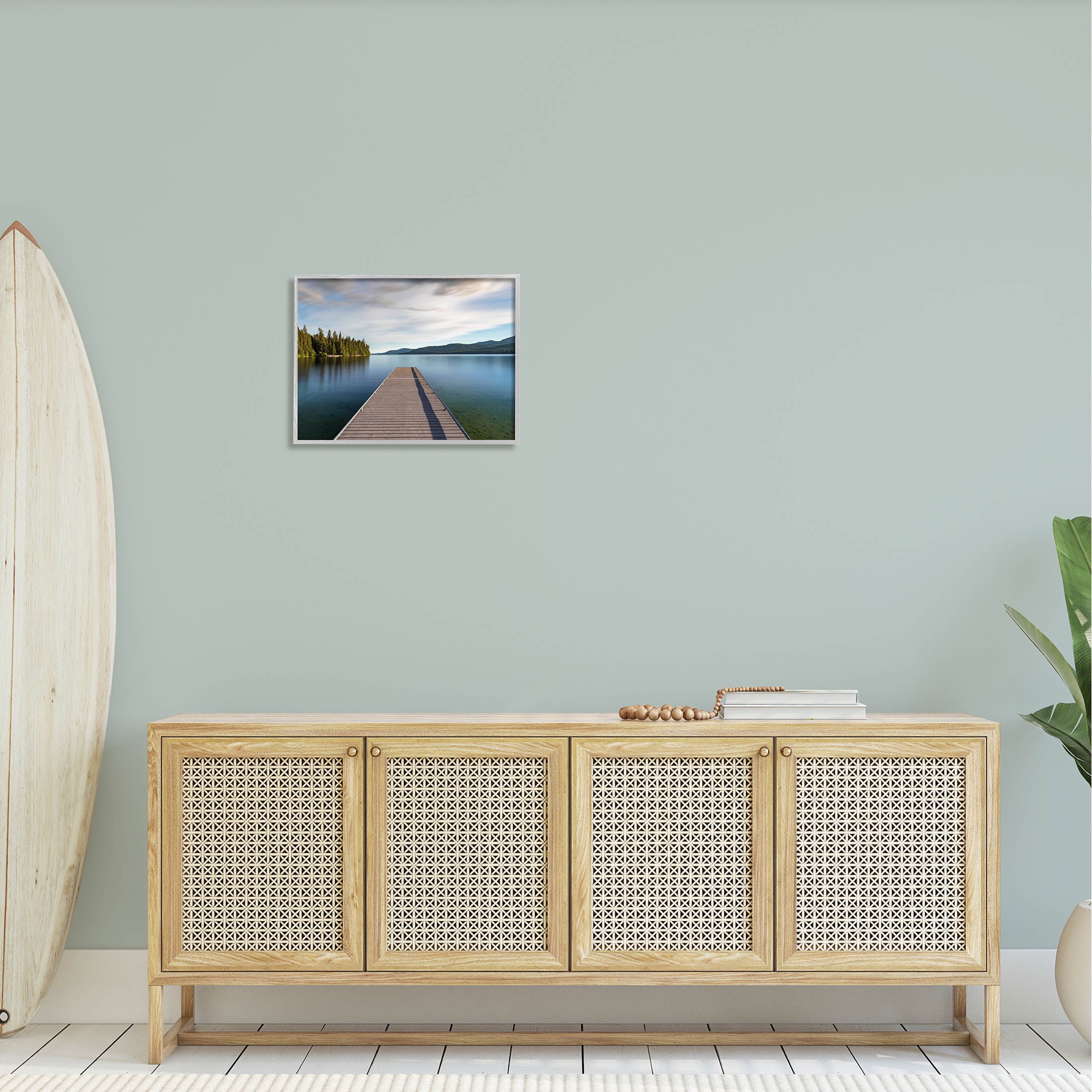 Soothing Lake Dock Mountains Landscape Photograph Gray Framed Art Print Wall Art
