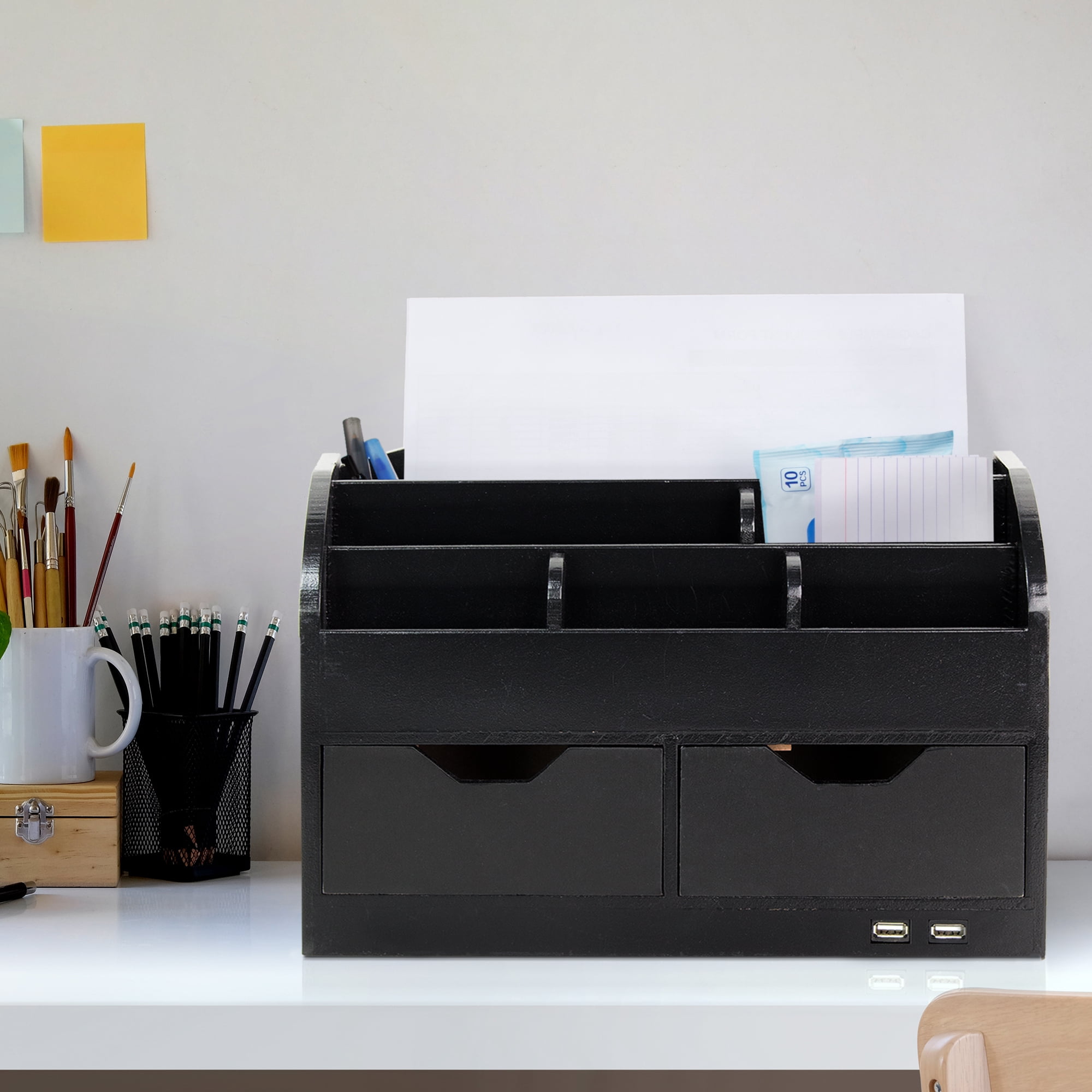 American Art Decor Space Saving Desk Organizer Pen Storage with Drawers & USB Port for Charging - Black Accessory Set