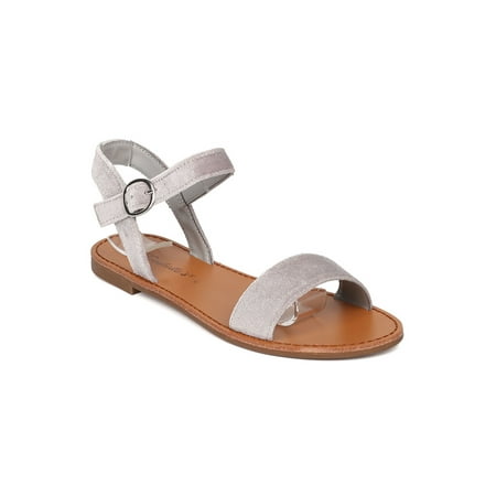 

New Women Breckelles Kylee-4 Velvet Open Toe Ankle Strap Flat Sandal