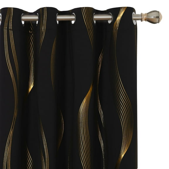 ZOPZO Blackout Curtains, Thermal Insulated, Black, 52W x 84L Inch, Room Darkening Drapes with Golden Wave Print for Bedroom Living Room