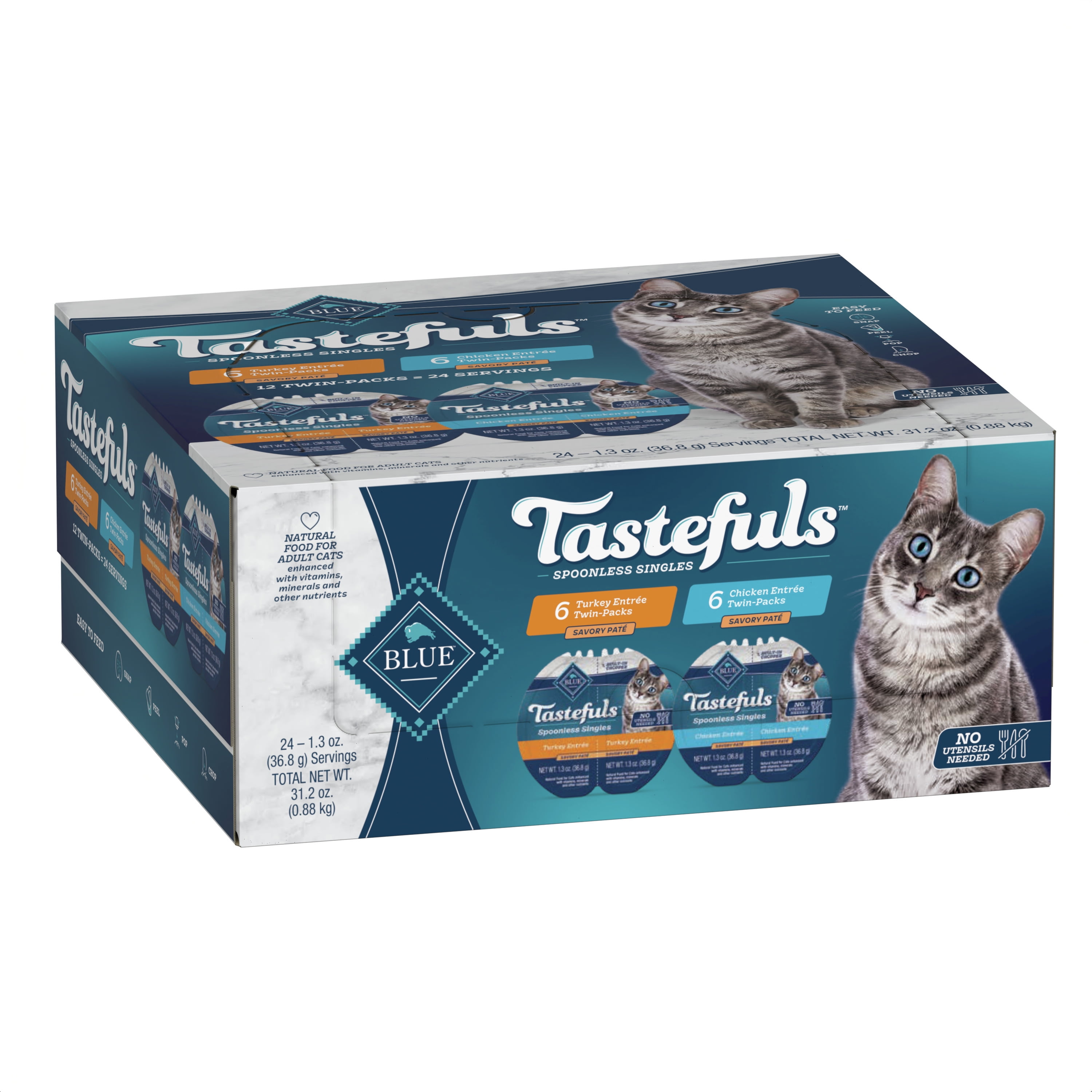 Blue Buffalo Tastefuls Spoonless Singles Chicken and Turkey Pate Wet Adult Cat Food Variety Pack, 2.6-oz Twin-Pack Trays (12 Pack)