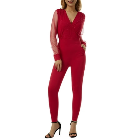 

Qiylii Women s Elegant Party Jumpsuit Glitter Sheer Mesh Long Sleeve V-neck Bodycon Pants Romper