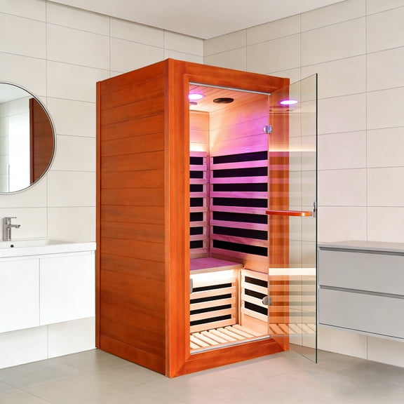 1 Person Far Infrared Sauna for Home, 1020W 110V Fast Heating African Okoume Wood Indoor Dry Sauna with 7 Graphene Heating Panels, Foot Heating, Chromotherapy Lights, Bluetooth Speakers