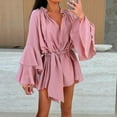 thumbnail image 5 of ZQUUVOU Lace Up Silk Dress for Women Long Sleeve Solid Color V Neck Flared Cuff Asymmetrical Hem Elegant Cocktail Dress Pink, 5 of 9