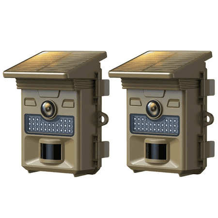 CAMPARK 2 Pack Solar Powered Trail Camera 48MP 4K Hunting Game Camera with Night Vision Motion Activated Waterproof IP66 Loop Recording 0.1s Trigger Time Deer Trail Cam Built-in 2000mAh Battery