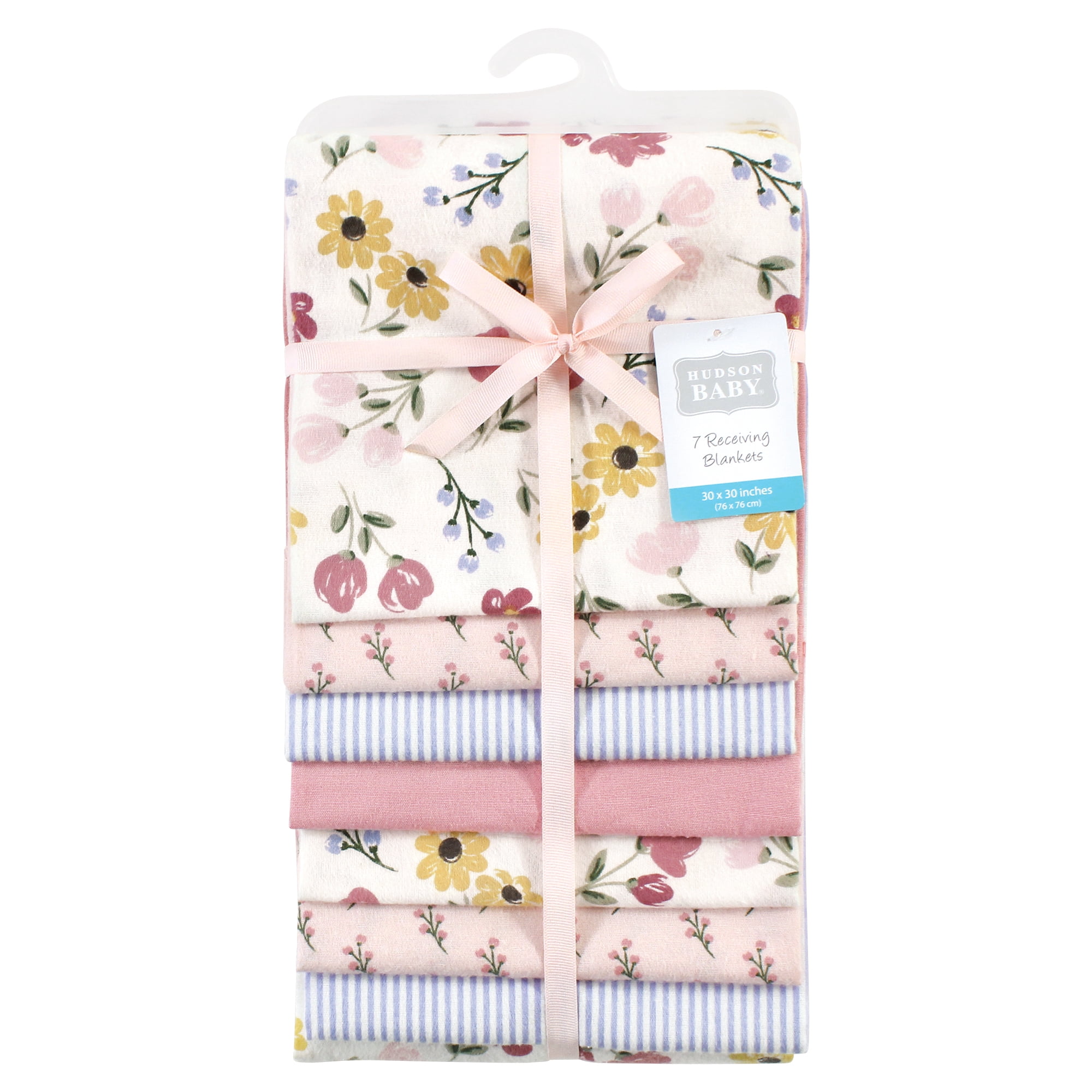 Little Treasure Hudson Baby Girls Cotton Poly Flannel Receiving Blankets 7-Pack, Pink Soft Painted Floral, 30x30 inches