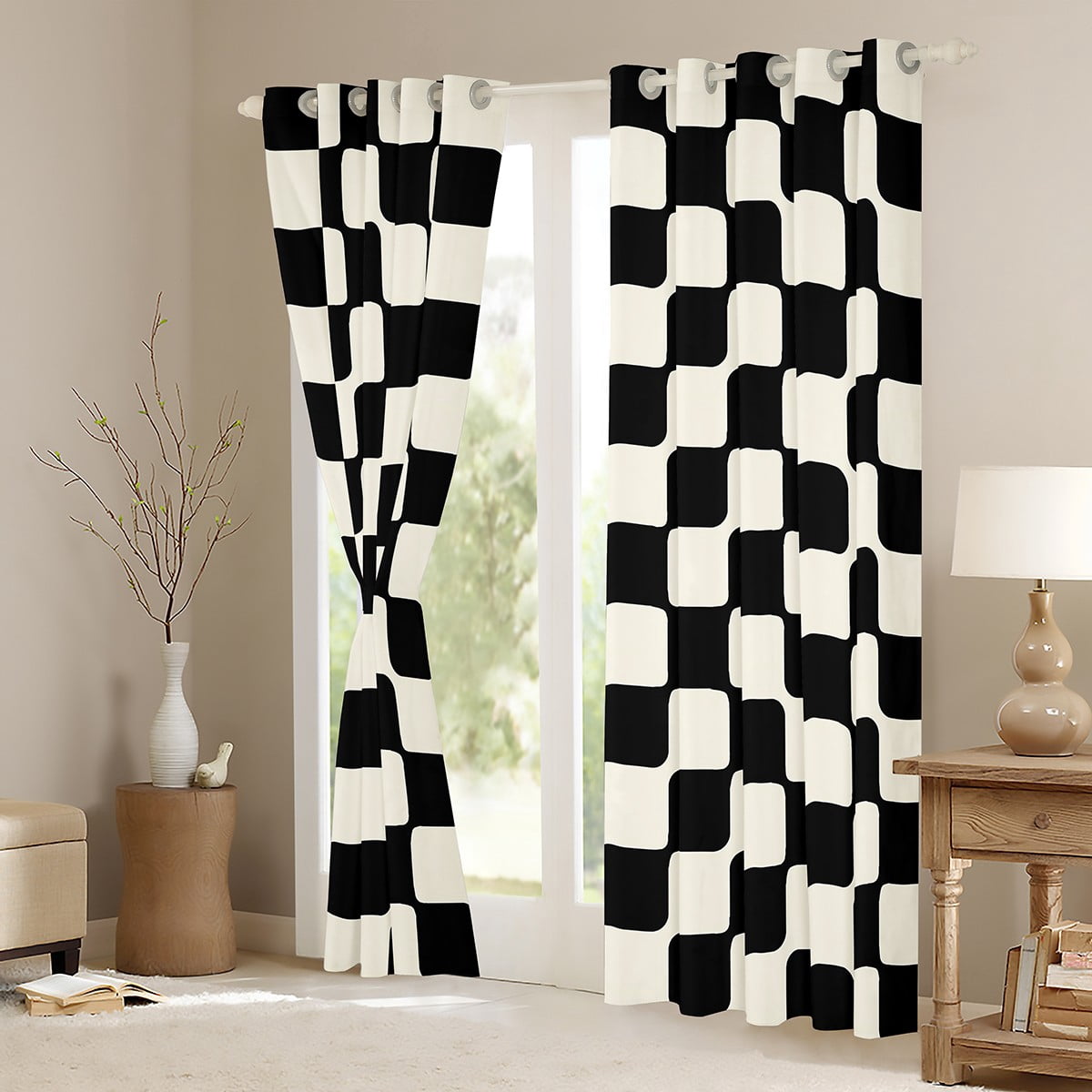 Manfei Geometric Grid Curtains Pack of 2 (38x45),Minimalism Aesthetic Black Out Curtains,Black Beige Lightweight Bedroom Decoration