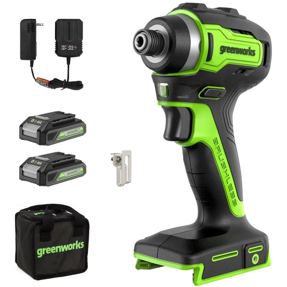 Greenworks 24V Brushless 1/4"1900 in./lbs. Impact Driver (2) 2.0 Ah Batteries & Charger, Bonus Tool Bag