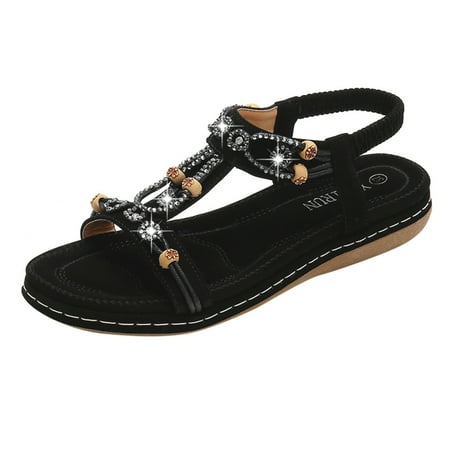 Women Ladies String Bead Casual Elastic Band Bohemian Beach Shoes Sandals Thong Sandals for Women Size 11 Rhinestone Sandals Women Cute Flat Sandals for Women Cork Sandals for Women Leather Glittery