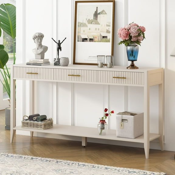 Harper & Bright Designs Long Console Table with Vertical Stripe Drawers, Sofa Table Entryway Table with Shelf, Entrance Table for Hallway Living Room, 60'' White