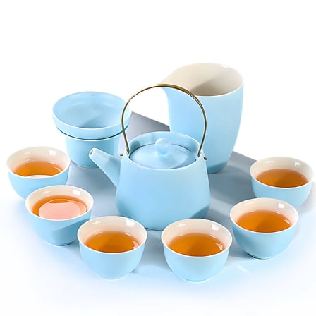 Prefdo Japanese Porcelain Tea Set with 1 Teapot, 6 Tea Cups, 1 Gongdao Cup, 1 Tea Strainer, Cute Asian Tea Set Kung Fu Tea Service for Adults /Tea Lover (Light Blue)