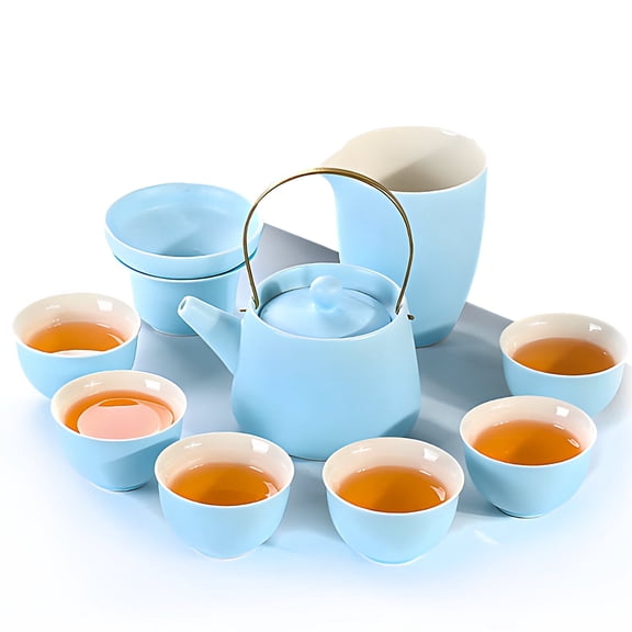 Prefdo Japanese Porcelain Tea Set with 1 Teapot, 6 Tea Cups, 1 Gongdao Cup, 1 Tea Strainer, Cute Asian Tea Set Kung Fu Tea Service for Adults /Tea Lover (Light Blue)
