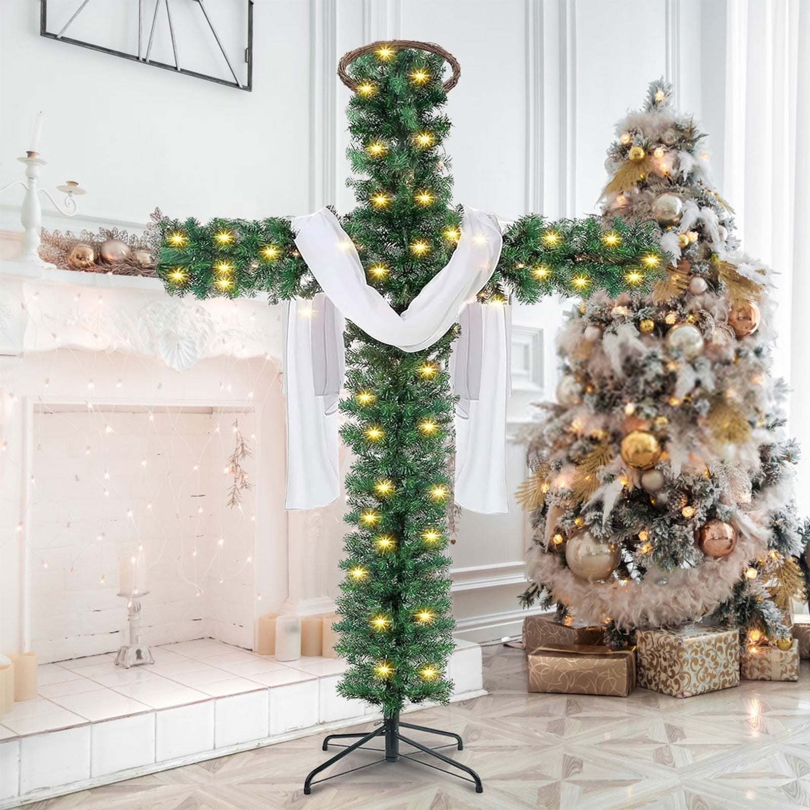 Cross Christmas Tree, Foldable Christmas Tree with Lights, Cross