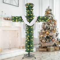 60 Inch Christmas Cross Tree with 100 Lights and a White Silk Scarf Christmas Christian Decorations Indoor Jesus Christ Catholic Cross Decor He is Risen for Home Decor