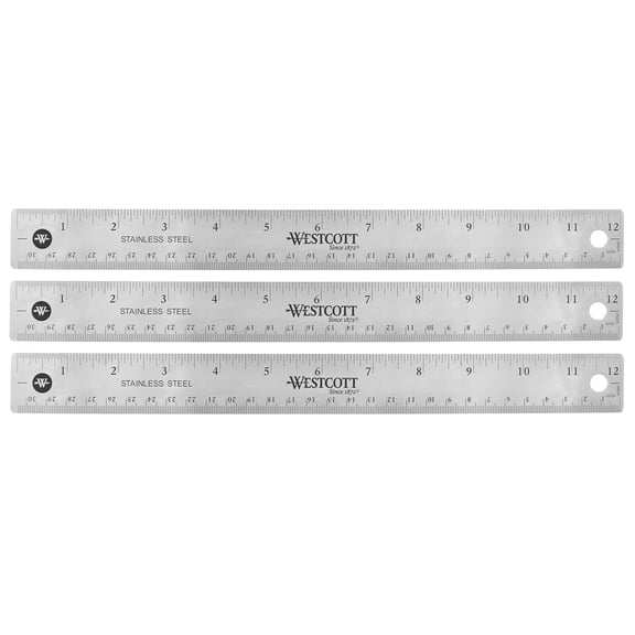 Westcott 12" Stainless Steel Office Ruler With Non Slip Cork Base, Pack of 3