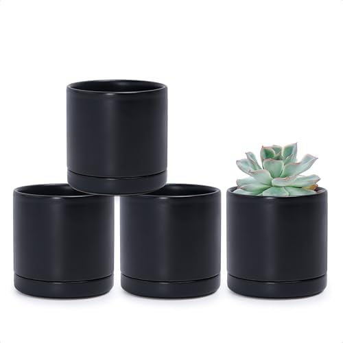 Set of 4 Small Ceramic Plant Pots, 3.5 Inch Succulent Planter Pot for Plants with Drainage Hole and Saucer, Black, 94-X-A-2
