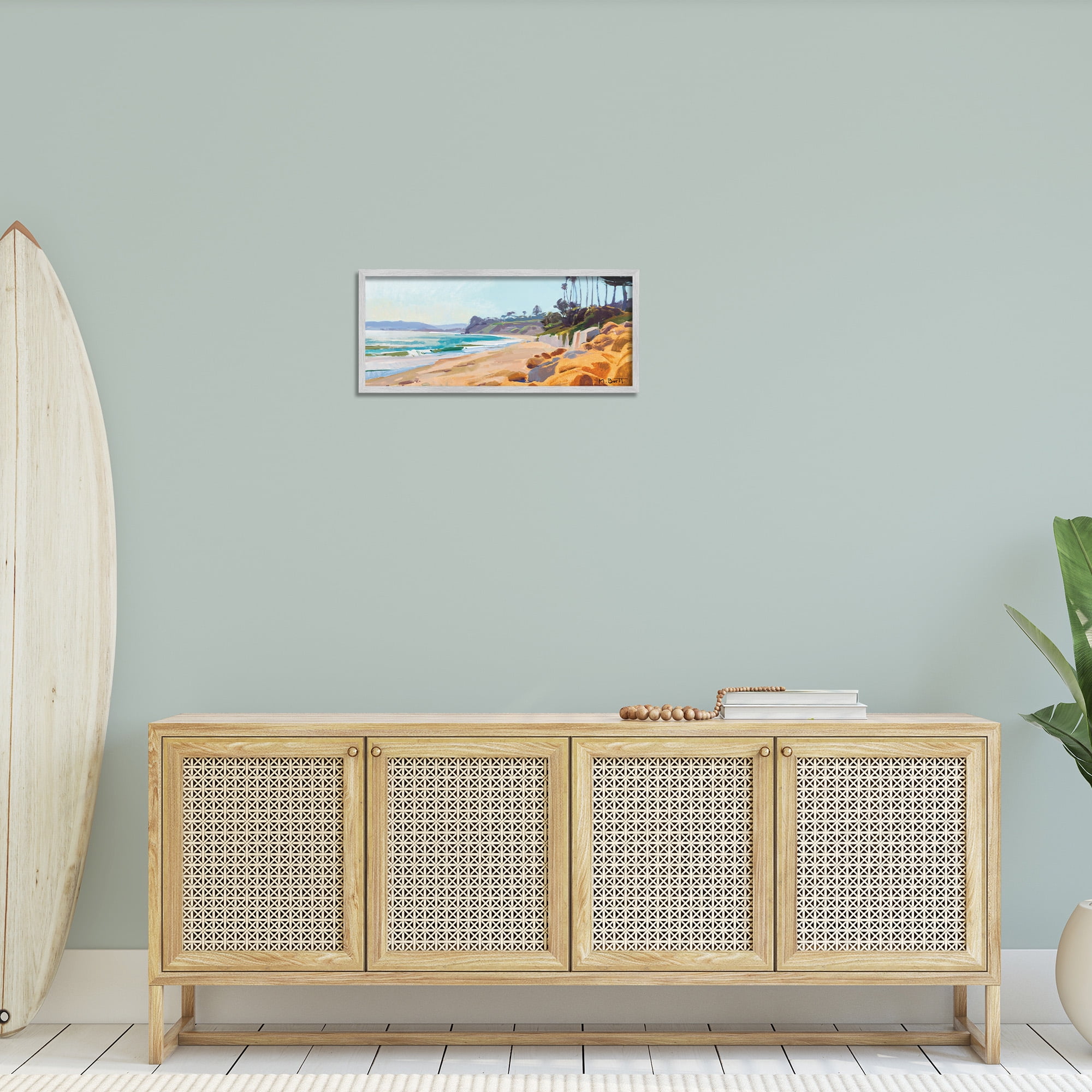 Stupell Industries Summer Beach Landscape Painting Nature Painting Gray Framed Art Print Wall Art, 24 x 10