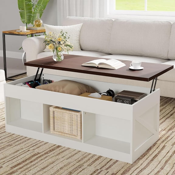 White Brown 47.2" Farmhouse Lift Top Coffee Table, Storage Center Table with Hidden Compartment & Open Shelf