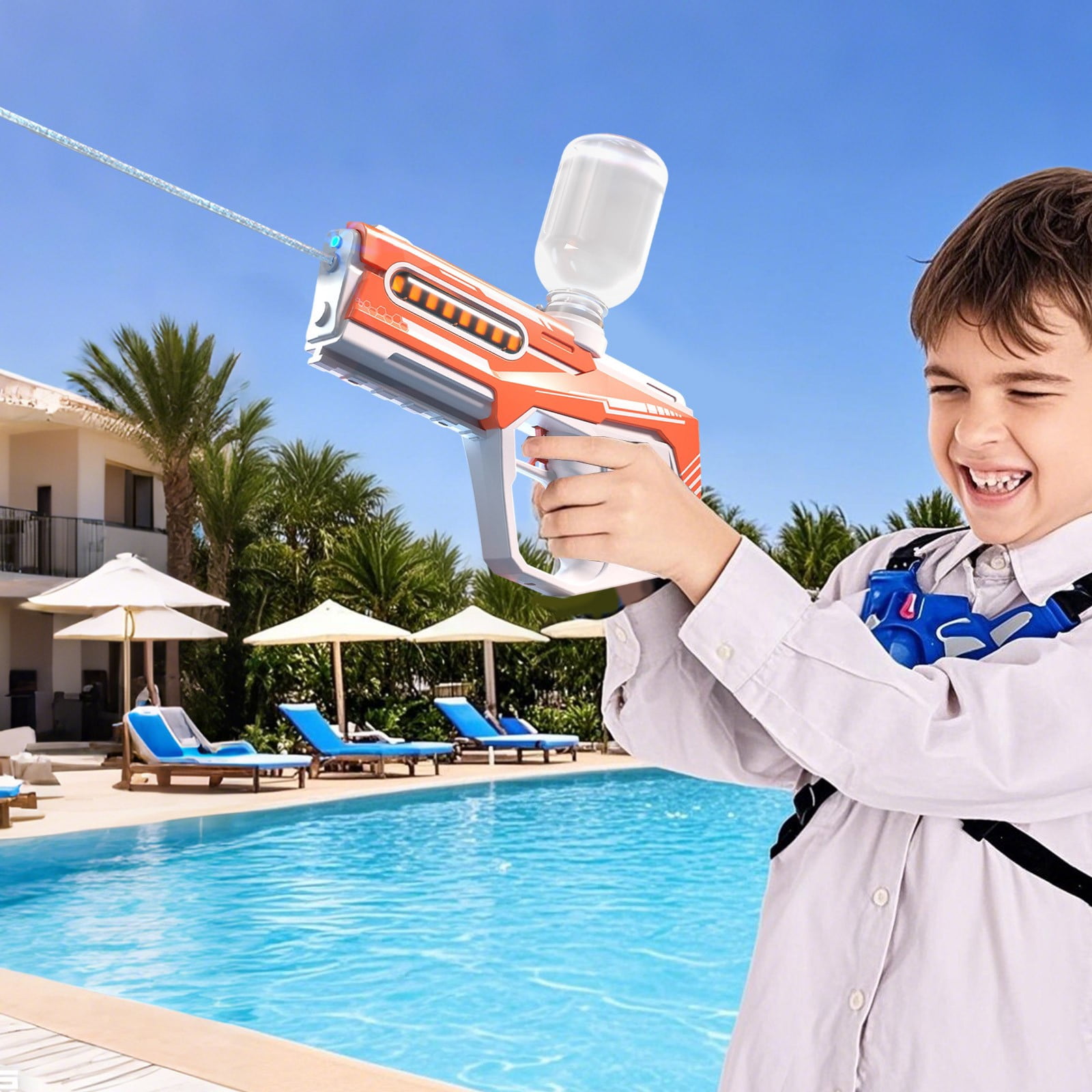 Dual Electric and Manual Water Blaster Guns with Large Water Storage Tank, Rechargeable Power, Mother Child Design for Splash Battles, Outdoor Water Fights, Pool Parties and Summer Backyard Fun