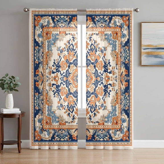 Blue Burnt Orange Boho Sheer Curtains 72 Inch Length 2 Panels Set, Antique Southwestern Art Voile Window Treatment Rod Pocket Curtains Sheers Drapes for Bedroom/Living Room/Kitchen 52"x72"x2