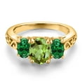 thumbnail image 3 of Gem Stone King 18K Yellow Gold Plated Silver Green Peridot and Green Created Emerald Filigree Style 3 Stone Ring for Women (2.12 Cttw, Oval 8X6MM and 6X4MM) (Size 6), 3 of 6
