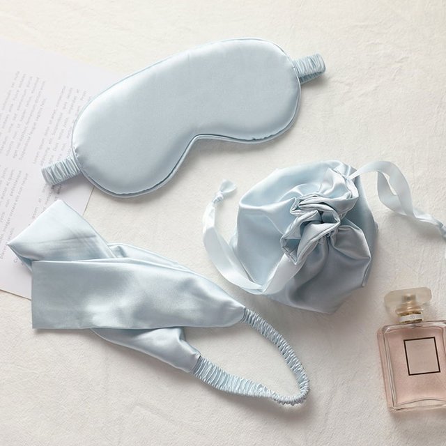 Banda para el cabello con máscara de seda artificial, bolsa de tela, máscara de ojos de almacenamiento de tres piezas, máscara de ojos para dormir, regalo