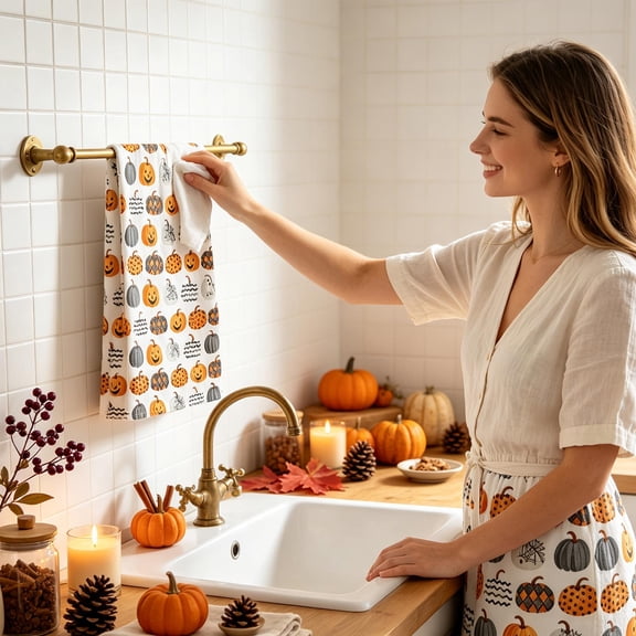 Fall Kitchen Towels Set of 2 for Decor Orange Buffalo Plaid | 16x28 Inch,Ultra Absorbent Leaves Autumn Dish & Hand Towels,Thanksgiving Harvest Seasonal Home Farmhouse Decorations