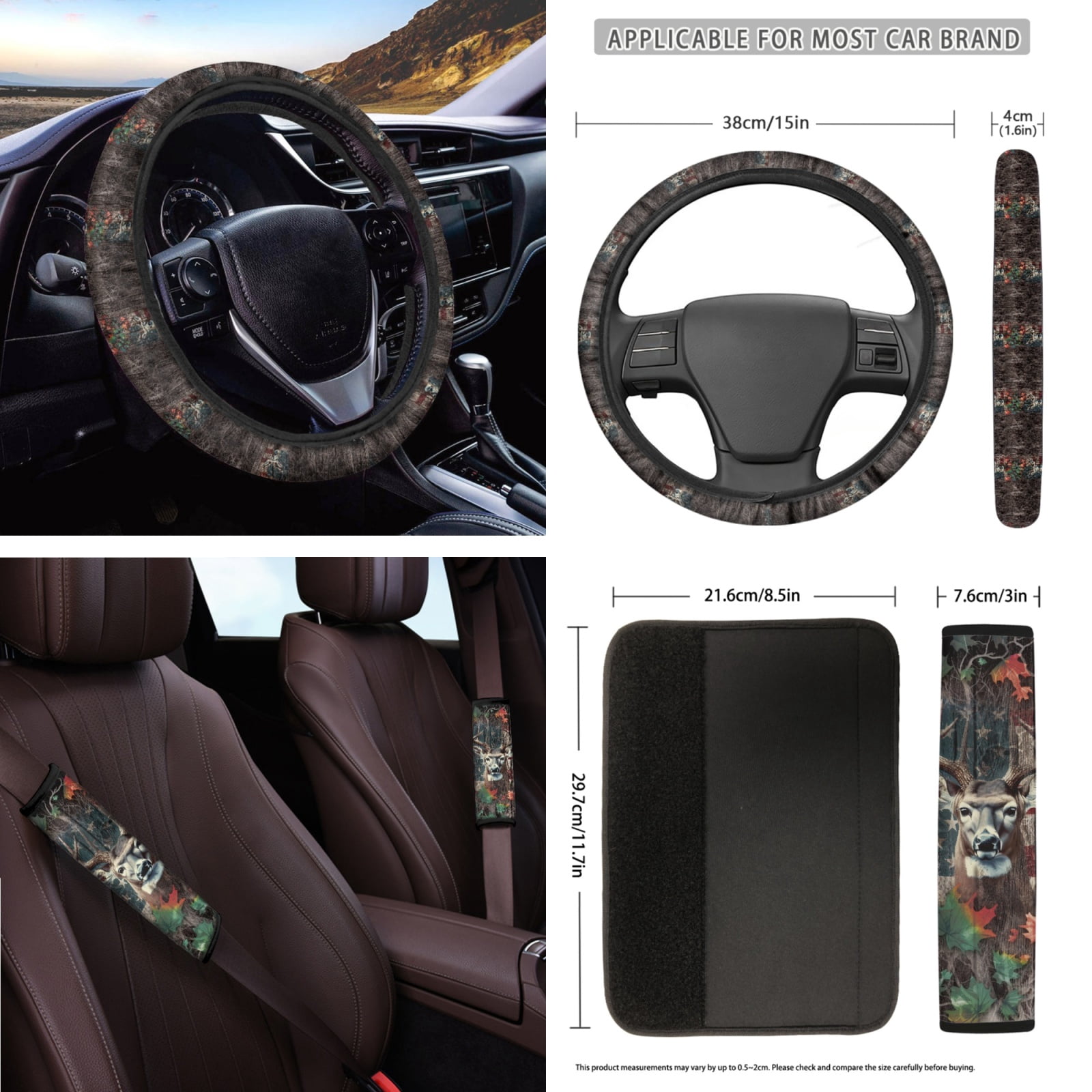 Yuyamidu 16 PCS Car Seat Covers Set Deer Car Sun Shade Camo Hunting Handbrake Cover Gear Shift Knob Cover Steering Wheel Cover Seat Belt Pads Rear View Mirror Cover Coasters Key Chain
