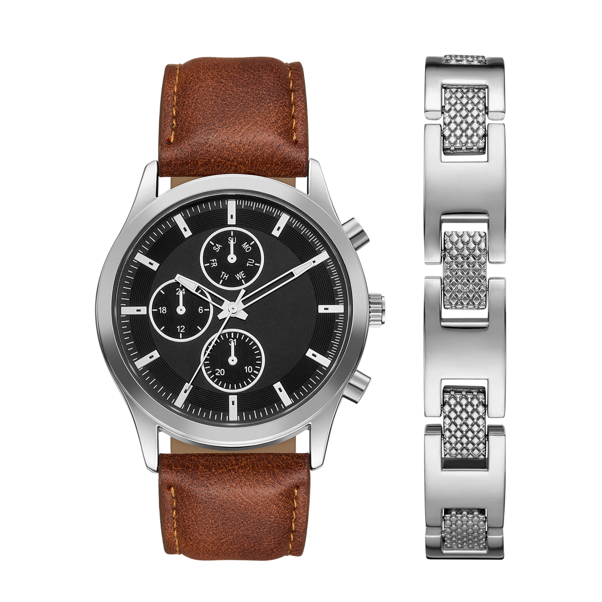 Folio Adult Men's PU Leather Brown 44mm 2pc Wristwatch Set