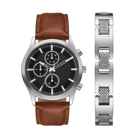 Folio Adult Men's PU Leather Brown 44mm 2pc Wristwatch Set